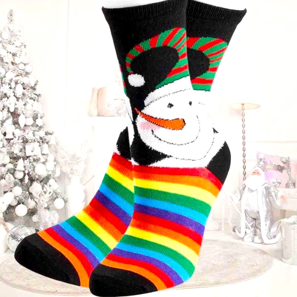 Black Snowman Socks Women Winter Holiday Holiday Pride Rainbow Crew Socks